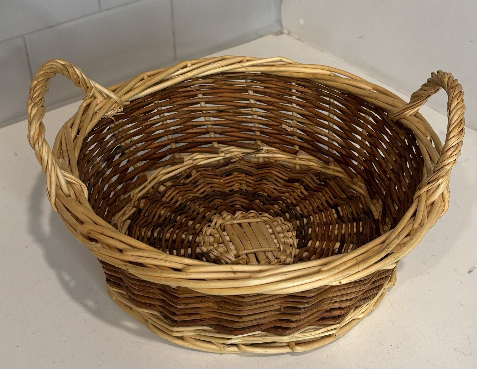 Vintage Two-Tone Wicker Basket Double Twisted Handles Rustic Farmhouse Woven