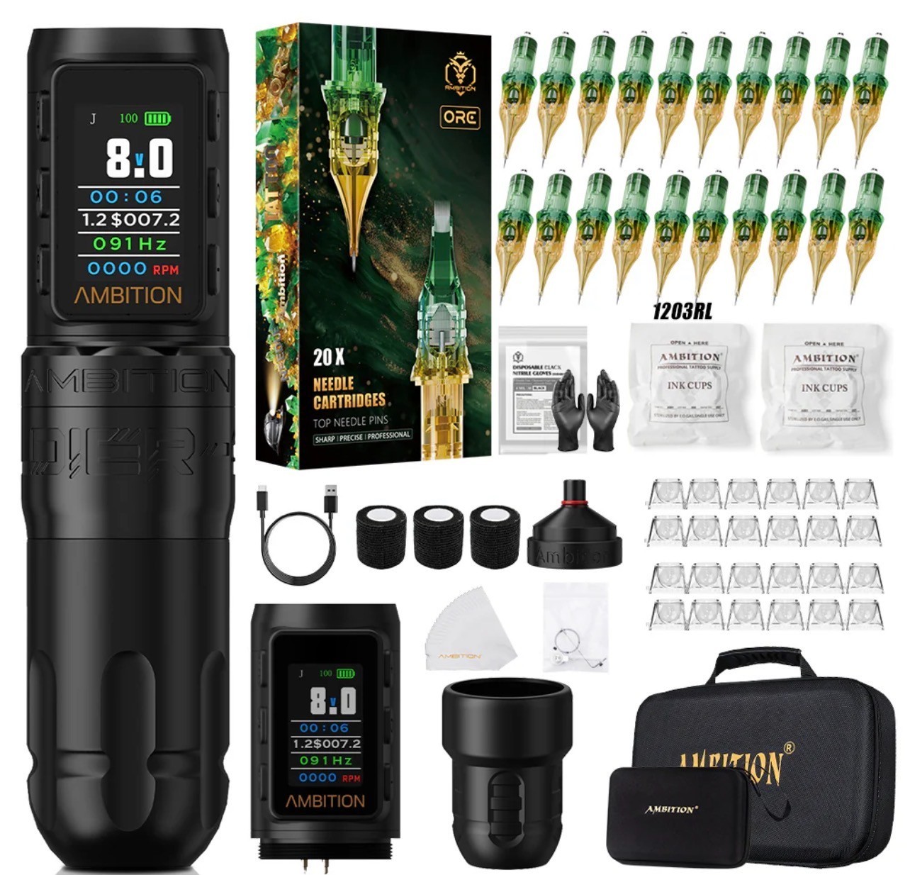 Ambition Soldier 270 S Wireless Tattoo Machine Kit With Tattoo Cartridges 20pcs