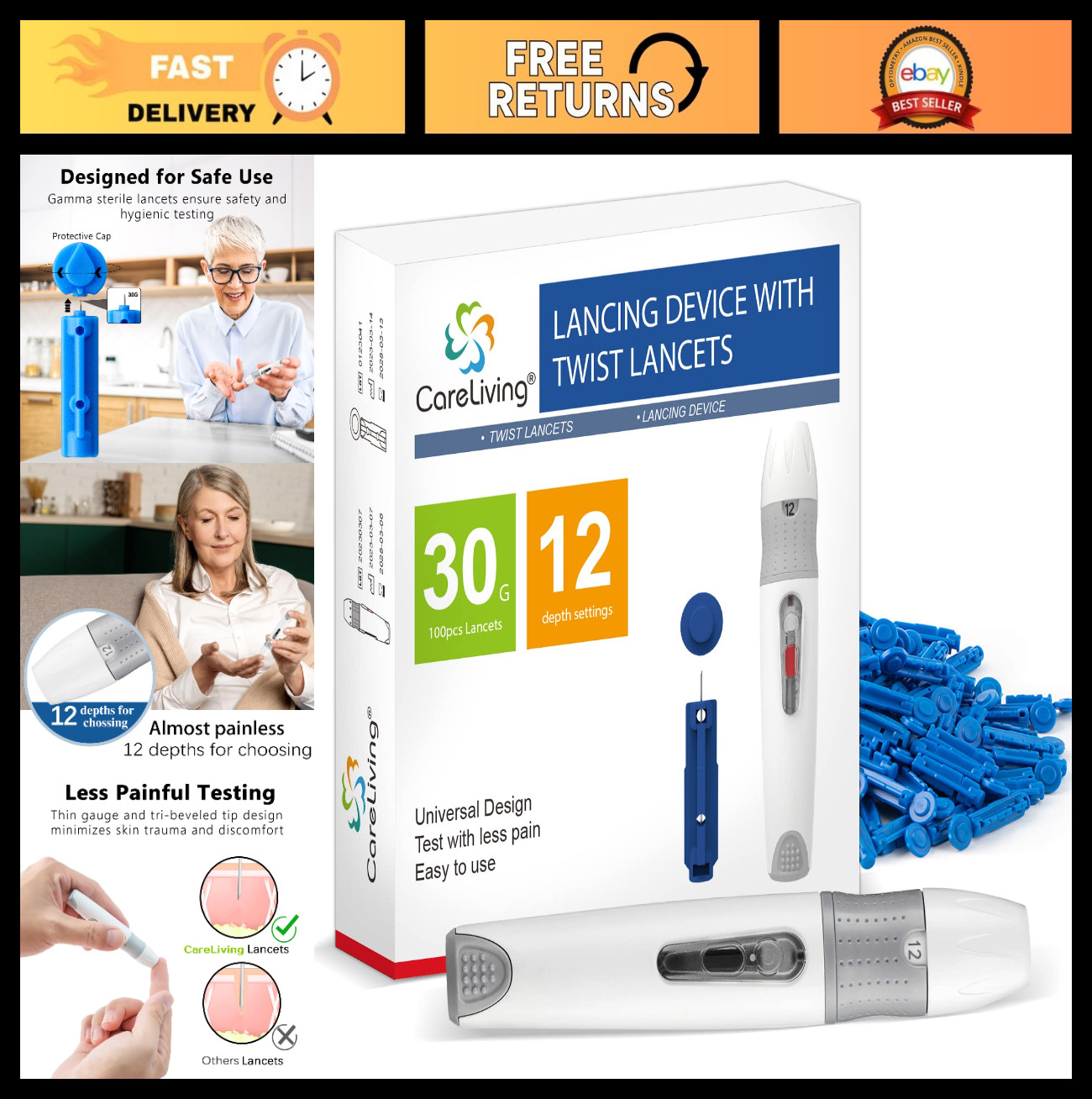 Lancing Device with 100 Single Use Lancets, 30 Gauge, Pain-Free Blood Testing