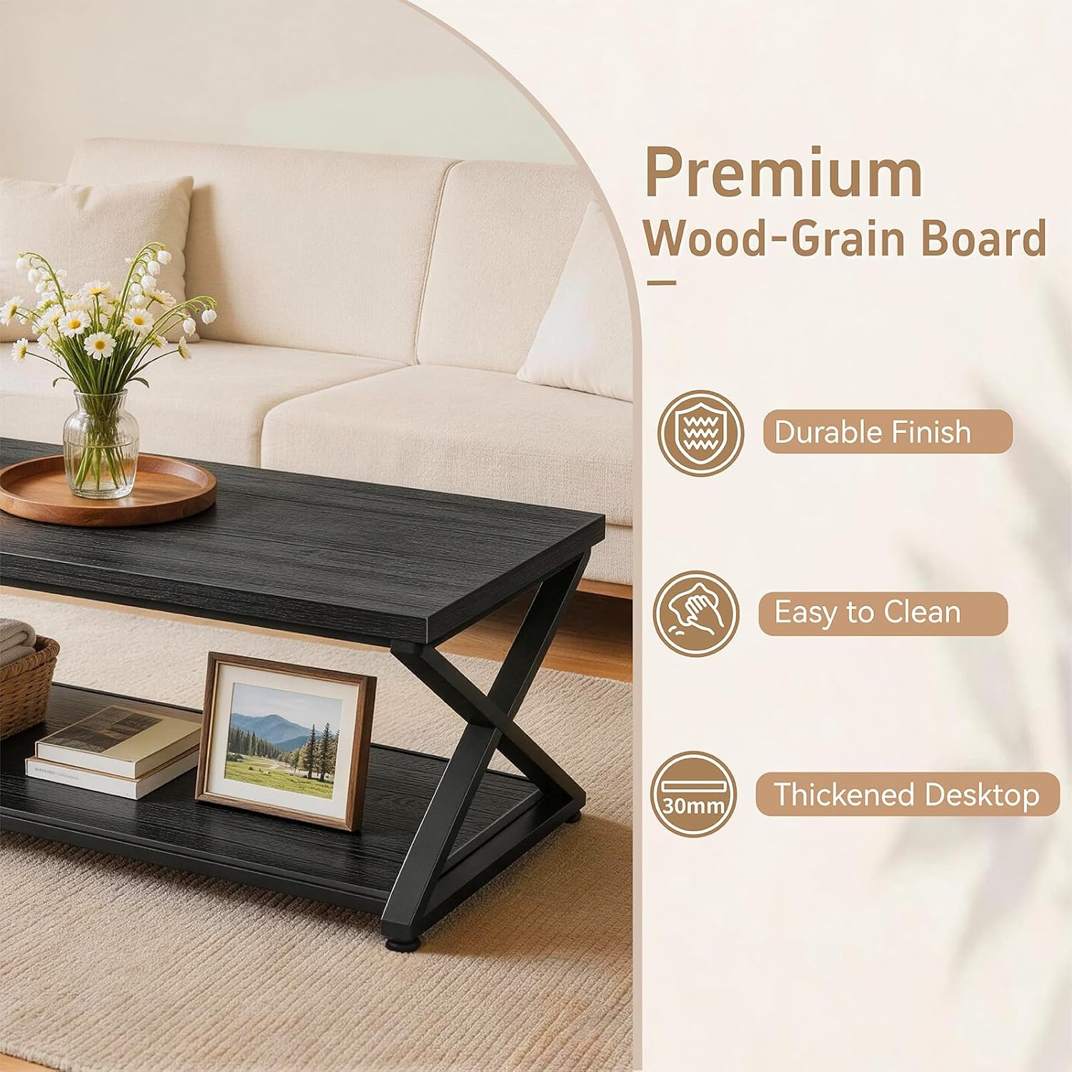 Coffee Table for Living Room, 2 Tier Rectangular Tea Table, Industrial Center Ta