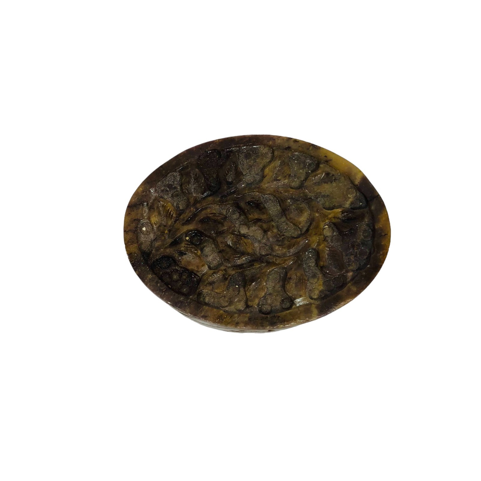 Carved Soapstone Brown Ring Trinket Oval Floral Box Pattern