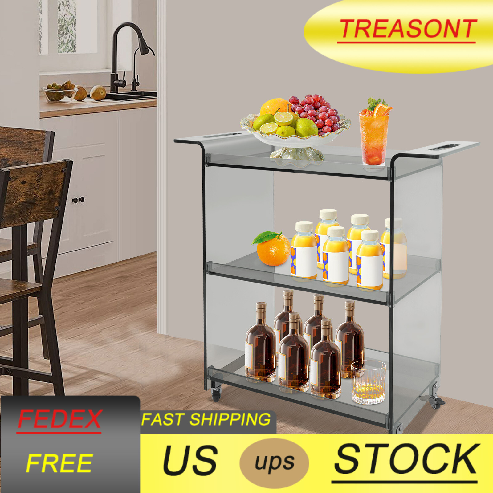 71*30*73cm Smoke Gray Freestanding Mobile Pc Rolling Serving Cart With Wheels US