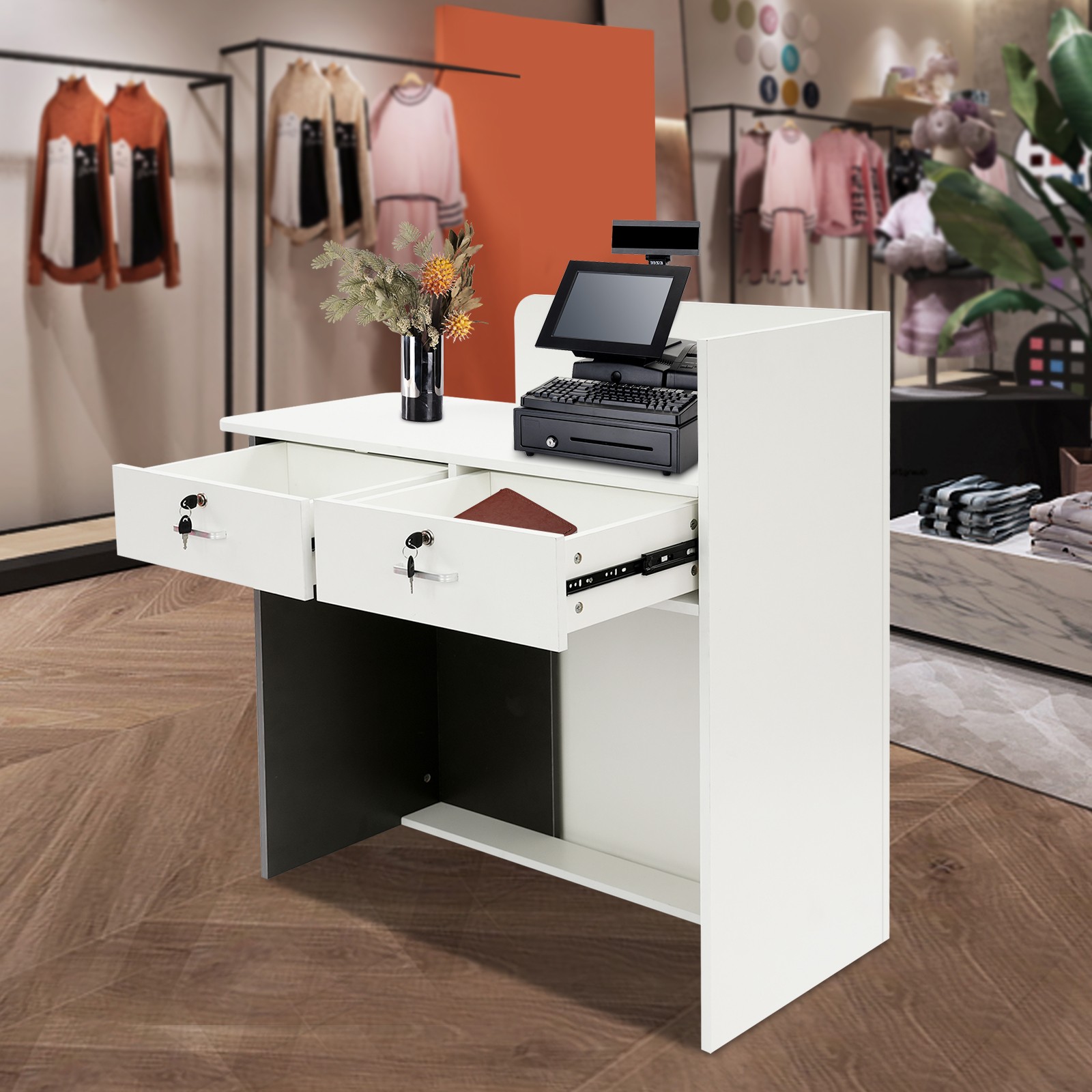 Reception Desk w/LED Light & Storage Drawer, Reception Desk Counter, Warm White