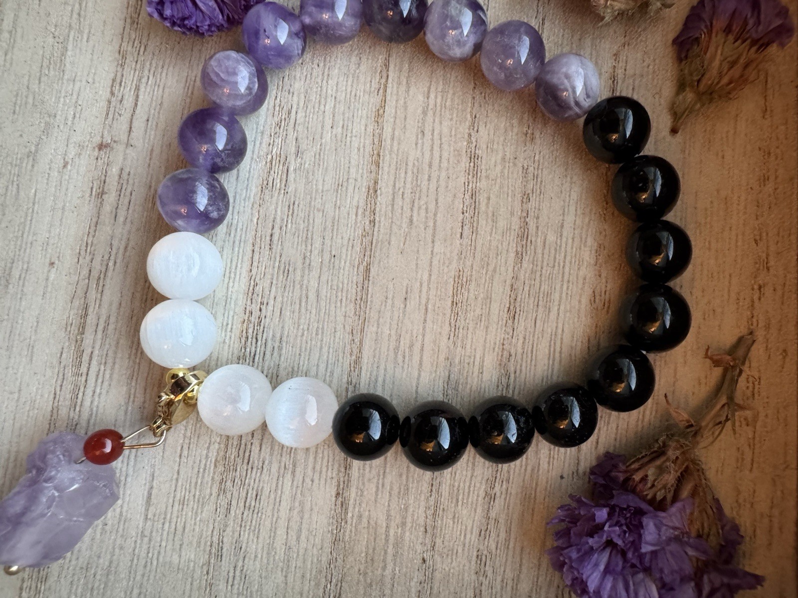 Black Tourmaline Selenite and Amethyst Bracelet Protection Calm Gift Ideas