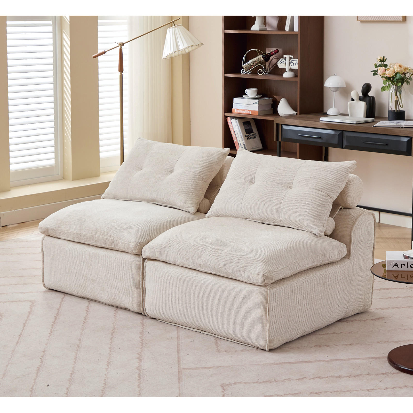 Modular Sofa 2 Seats, Soft Chenille Fabric, Beige, Armless, Lumbar Pillow