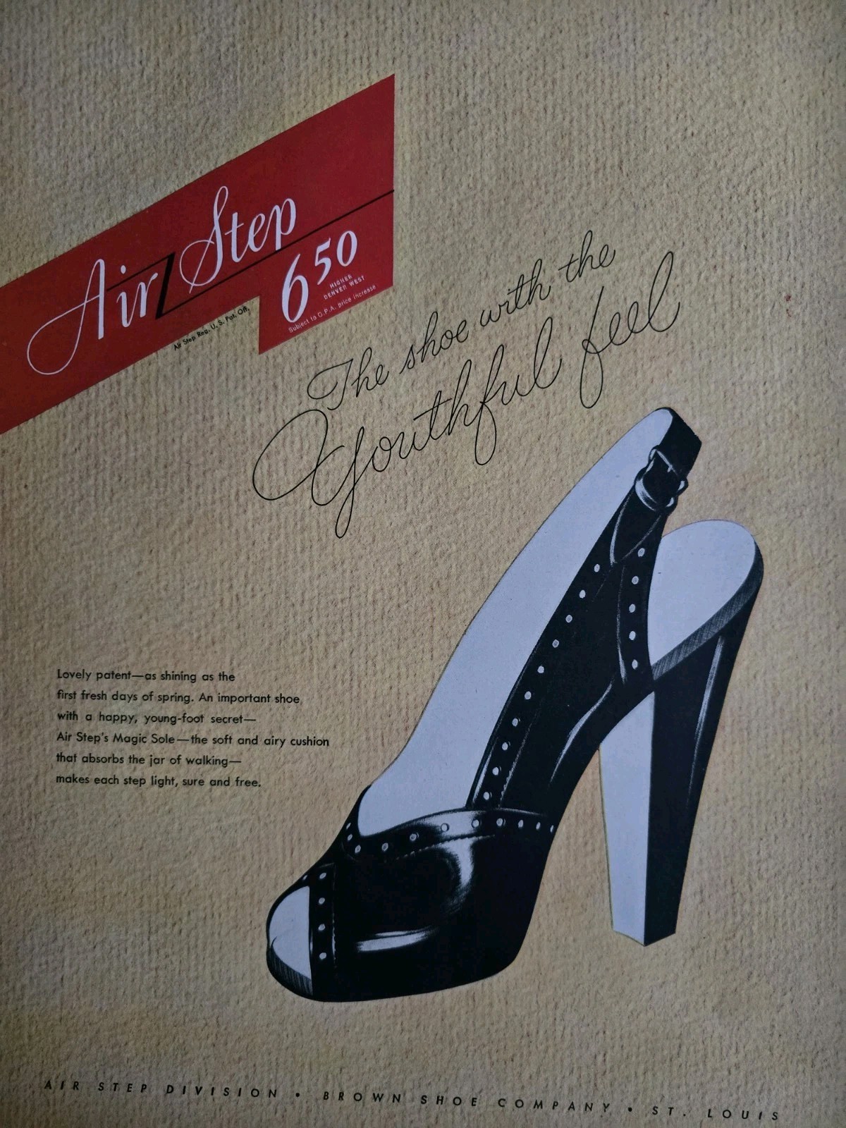 1946 Women's Air Step Black  High Heel Shoes Youthful Feel Vintage Art Ad