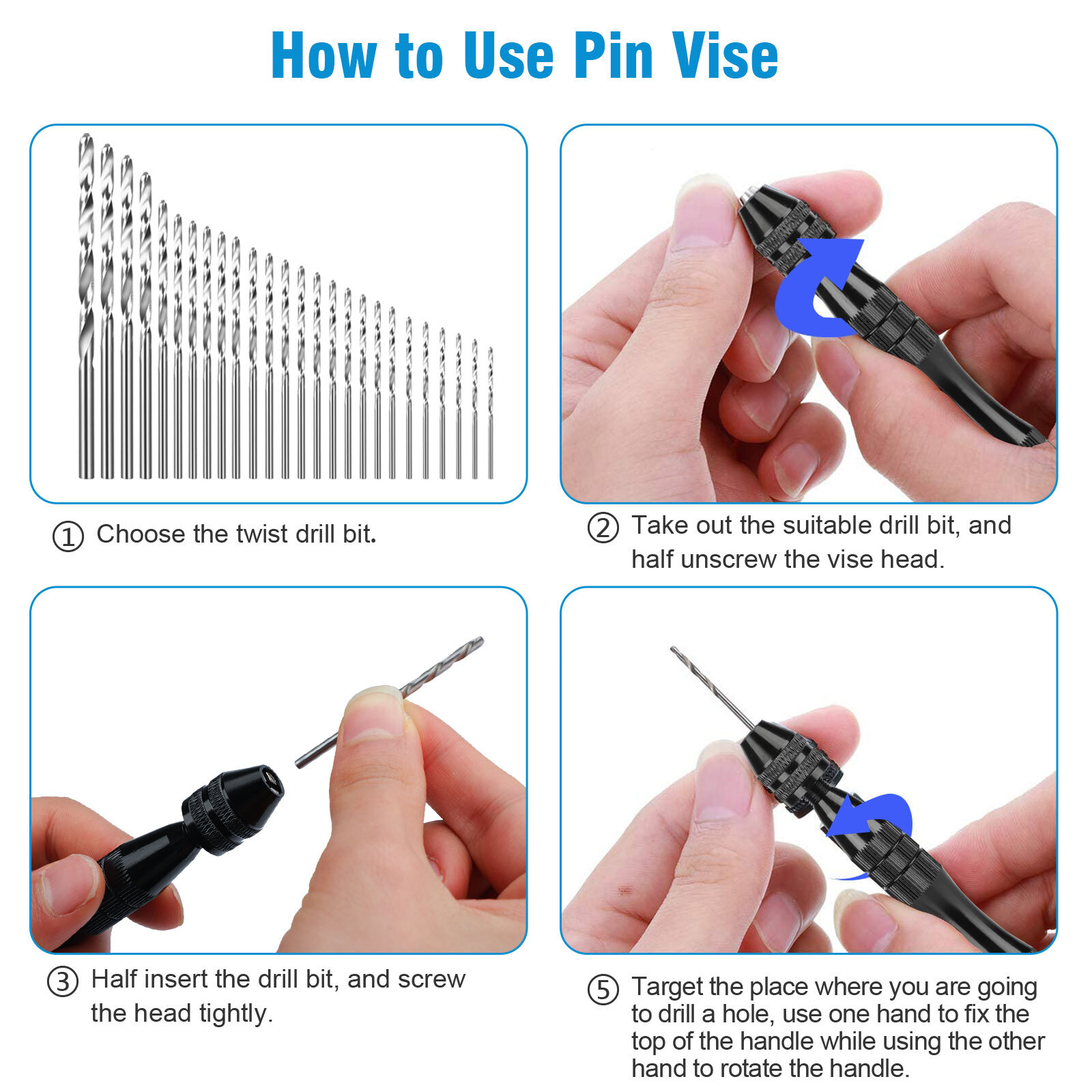 59Pcs Pin Vise Mini Micro Hand Twist Drill Bits Set Rotary Tools DIY Craft Kit