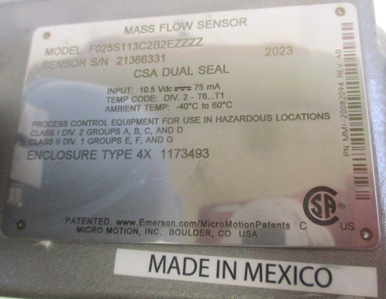 MICRO MOTION , F025S113C2B2EZZZZ, 0.5" 150 RF FLOW METER, 1/4" SENSOR, NOS