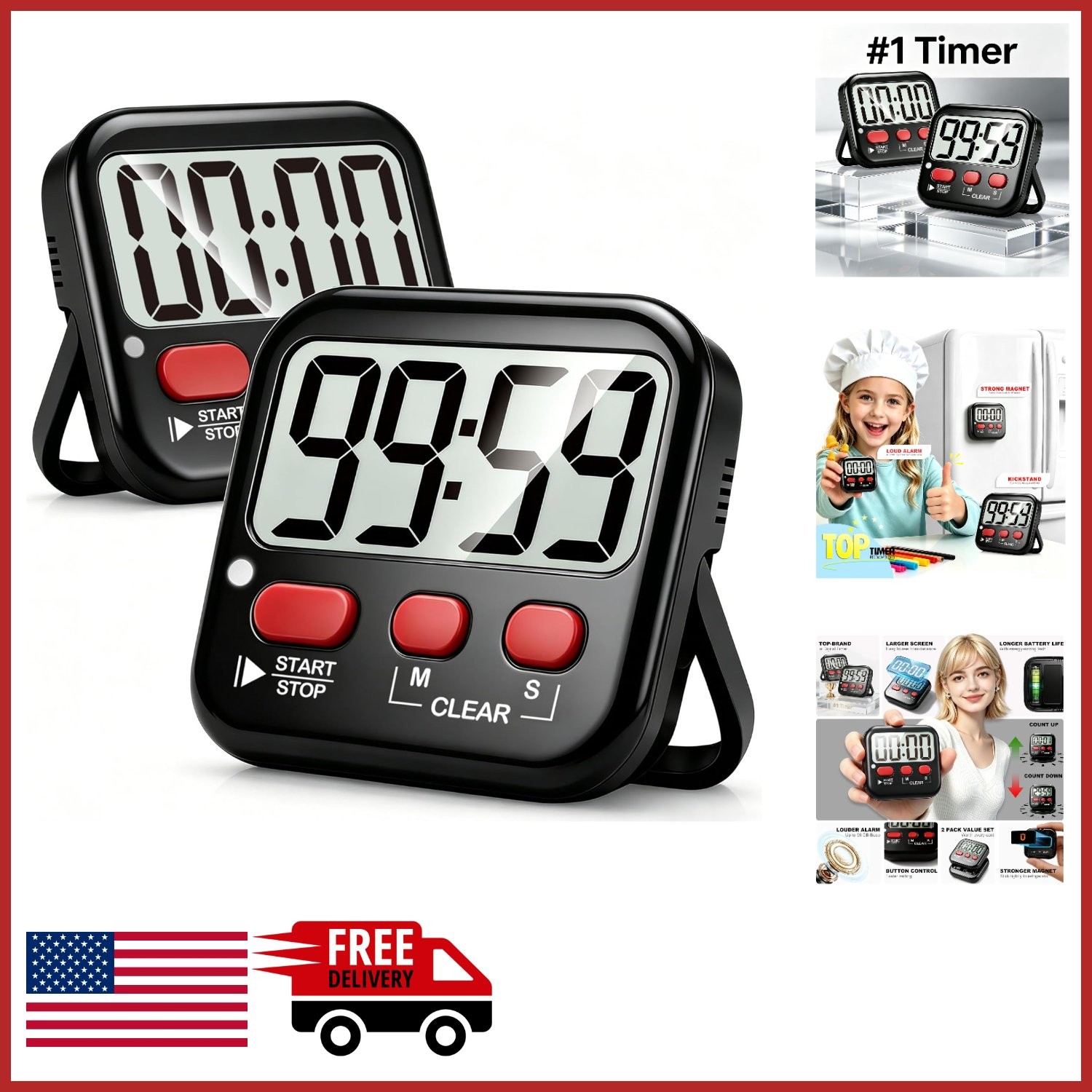 Digital Timer for Cooking and Classroom Use 2 Pack with Loud/Silent Mode
