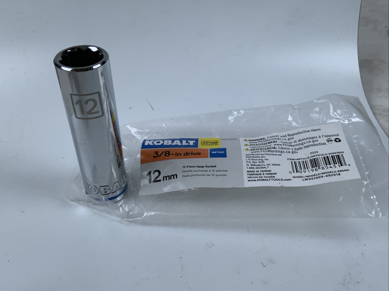 KOBALT 337820,  12mm  3/8 Drive Deep 12pt Metric Socket-Blue Stripe-Store Pkging