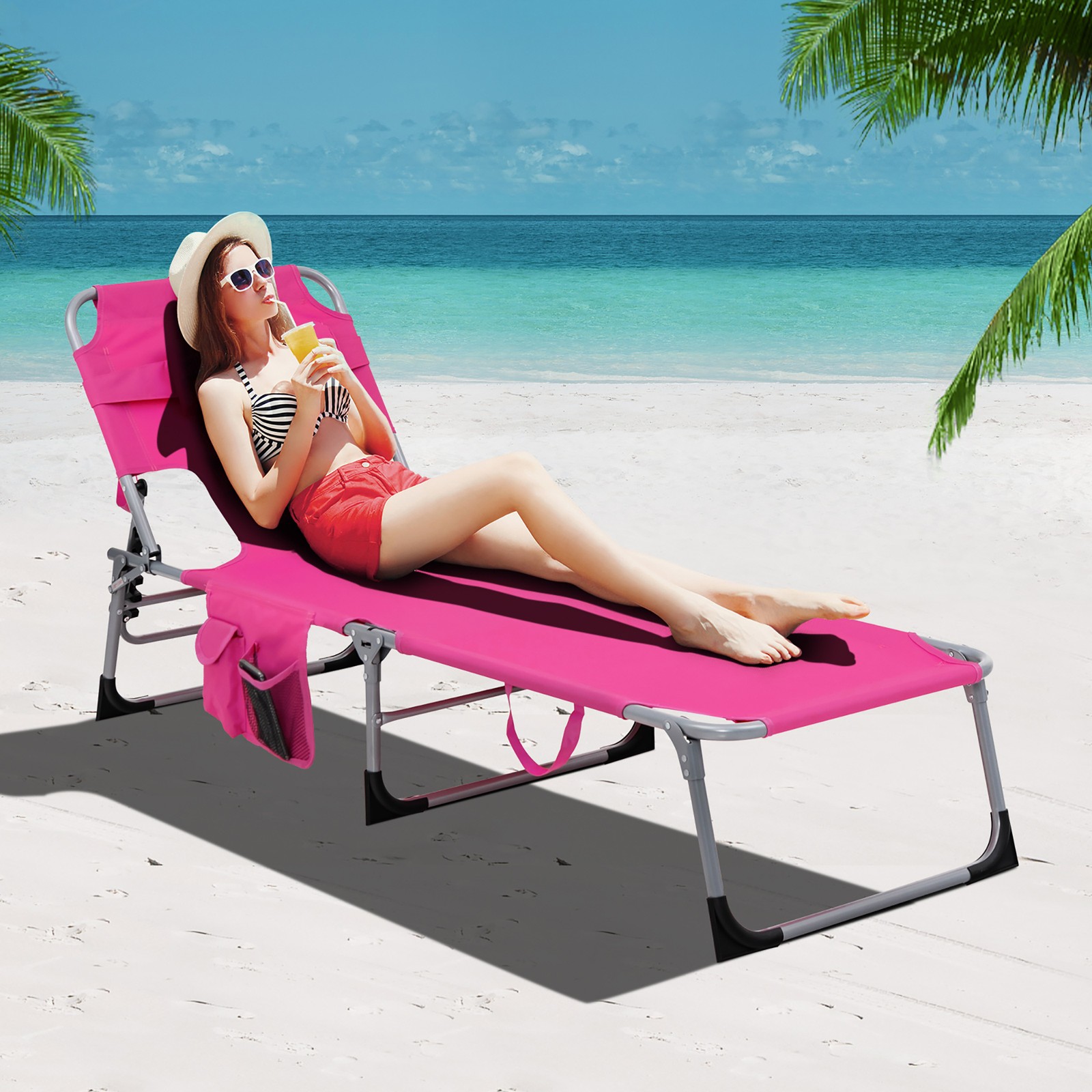 Set of 2 Beach Chaise Lounge Chair Folding Reclining Chair w/ Facing Hole Pink