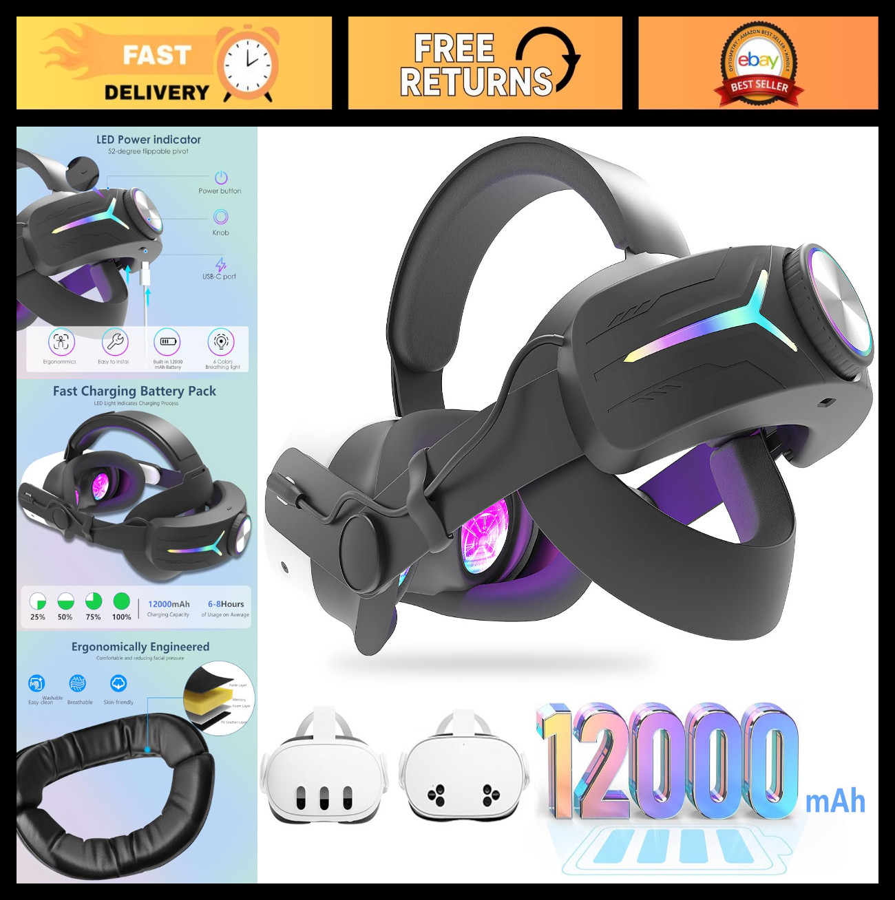 12000mAh Fast-Charging Battery Head Strap for Meta Quest 3/3S - 6-8 Hours Playti