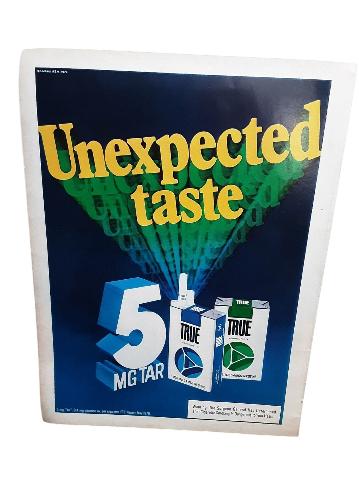 1979 True Cigarettes Ad 5 MG Tar Unexpected Taste Vintage Tobacco Print