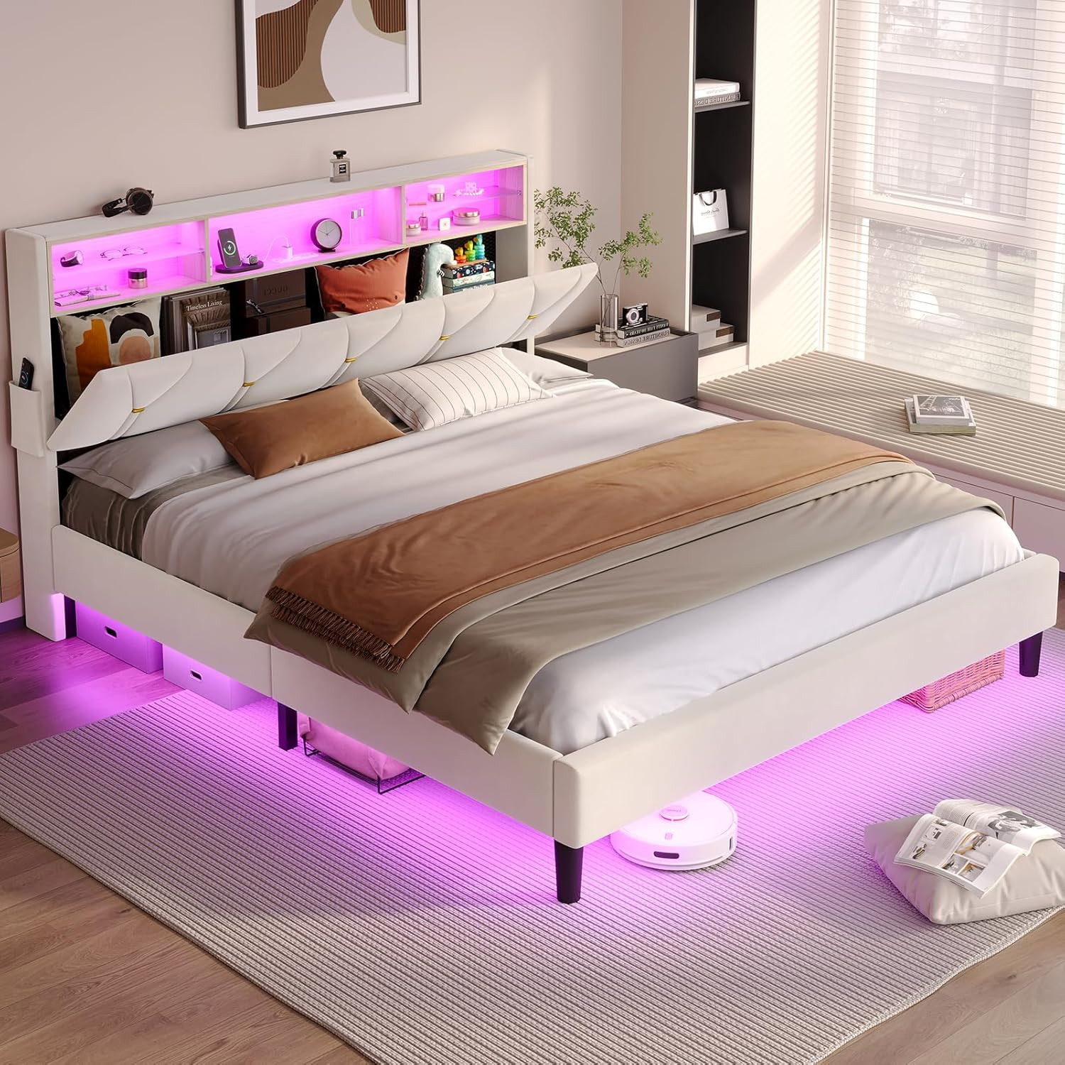 BTHFST Full Size Bed Frame with Headboard Storage & LED Lights, Platform Bed Fra