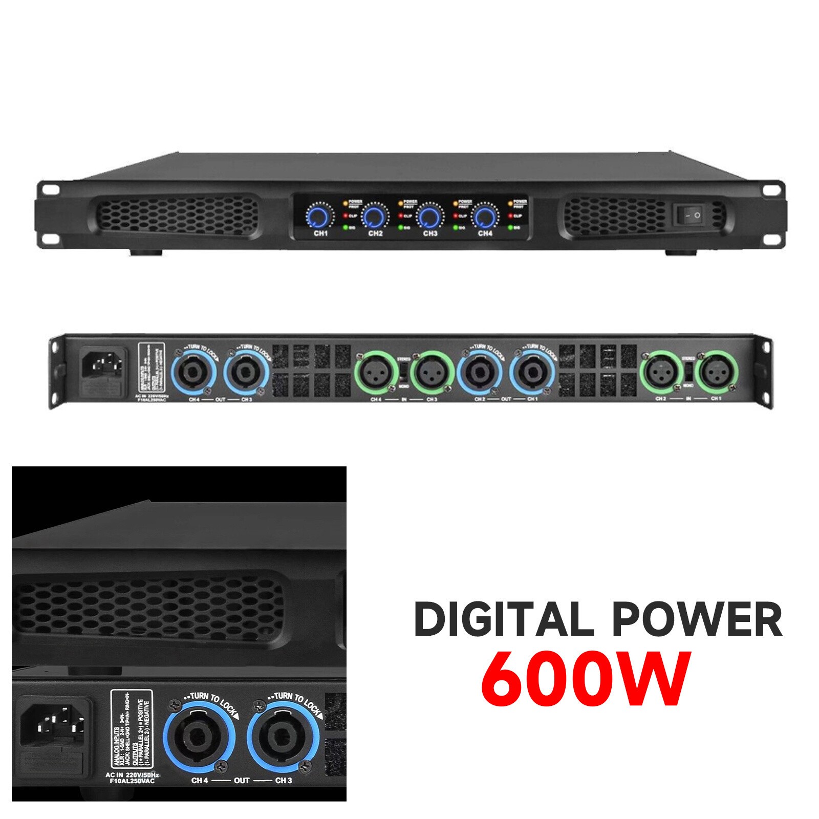 High-Tech 5200W 4-Channel Class D Digital Power Amplifier 5200-Watts PEAK Output
