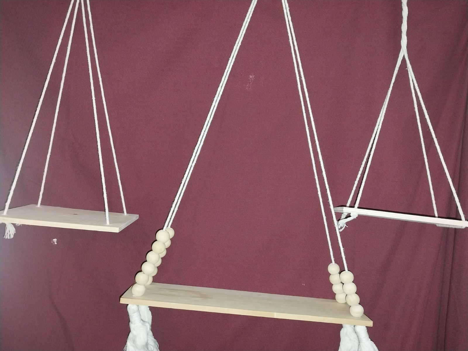 Set of 3 Light Wood Hanging Shelves with Beads, Cotton Rope, Living Room Bedroom