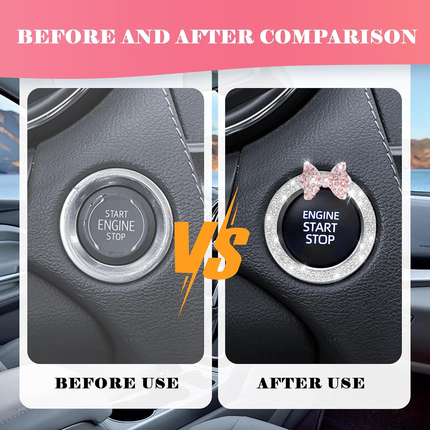 2PCS Pink Bow Car Engine Start Button Cover,Bling Cute Car Push to Start Button