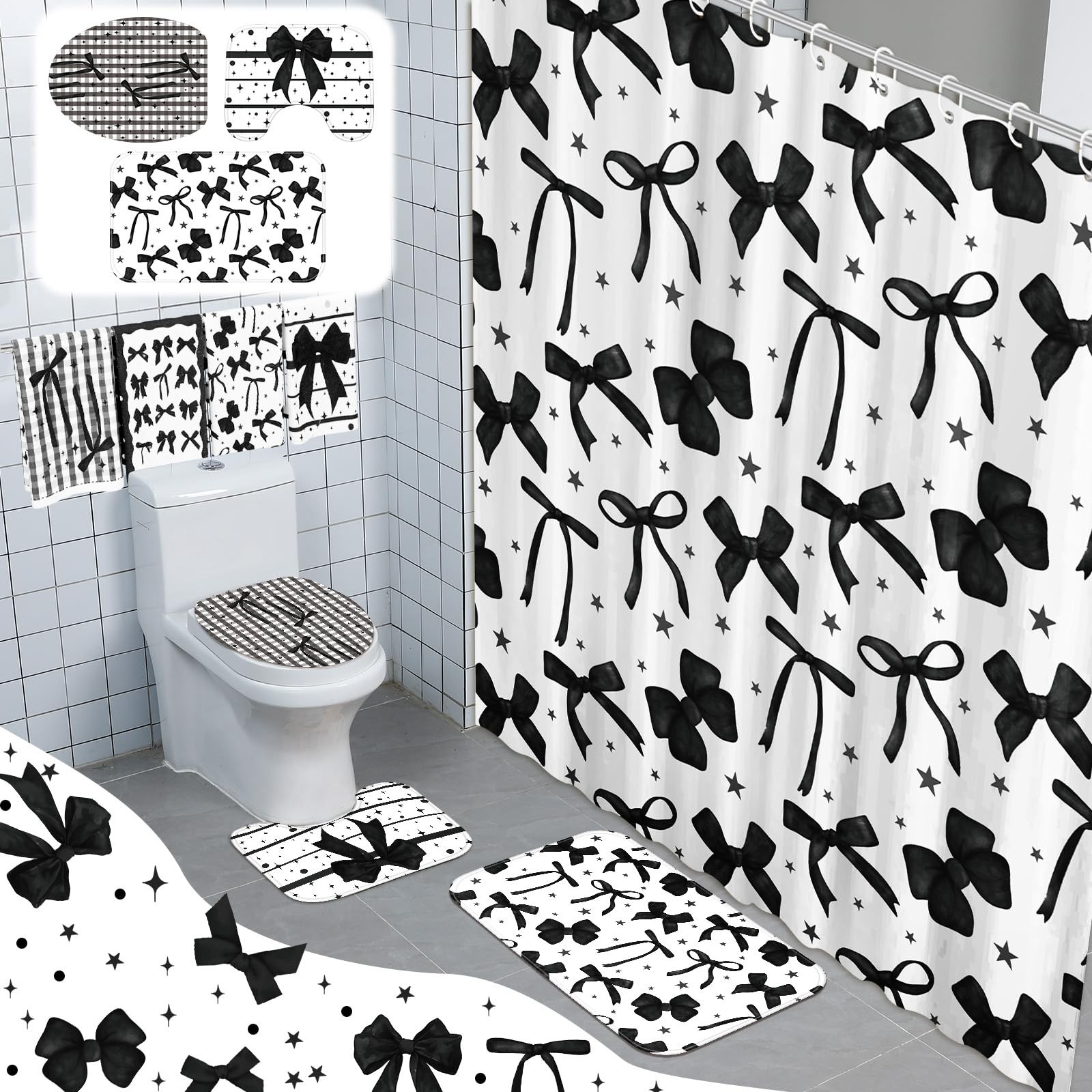 8 Pcs Black Shower Curtain Set Aesthetic Bow Knot Bathroom Decor Pretty Coque...
