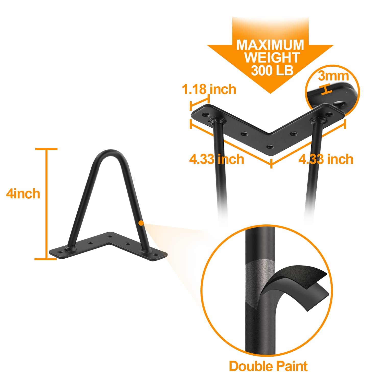 Ironalita 4 Inch Hairpin Legs for Furniture Set of 4, Heavy 4 inch, Black