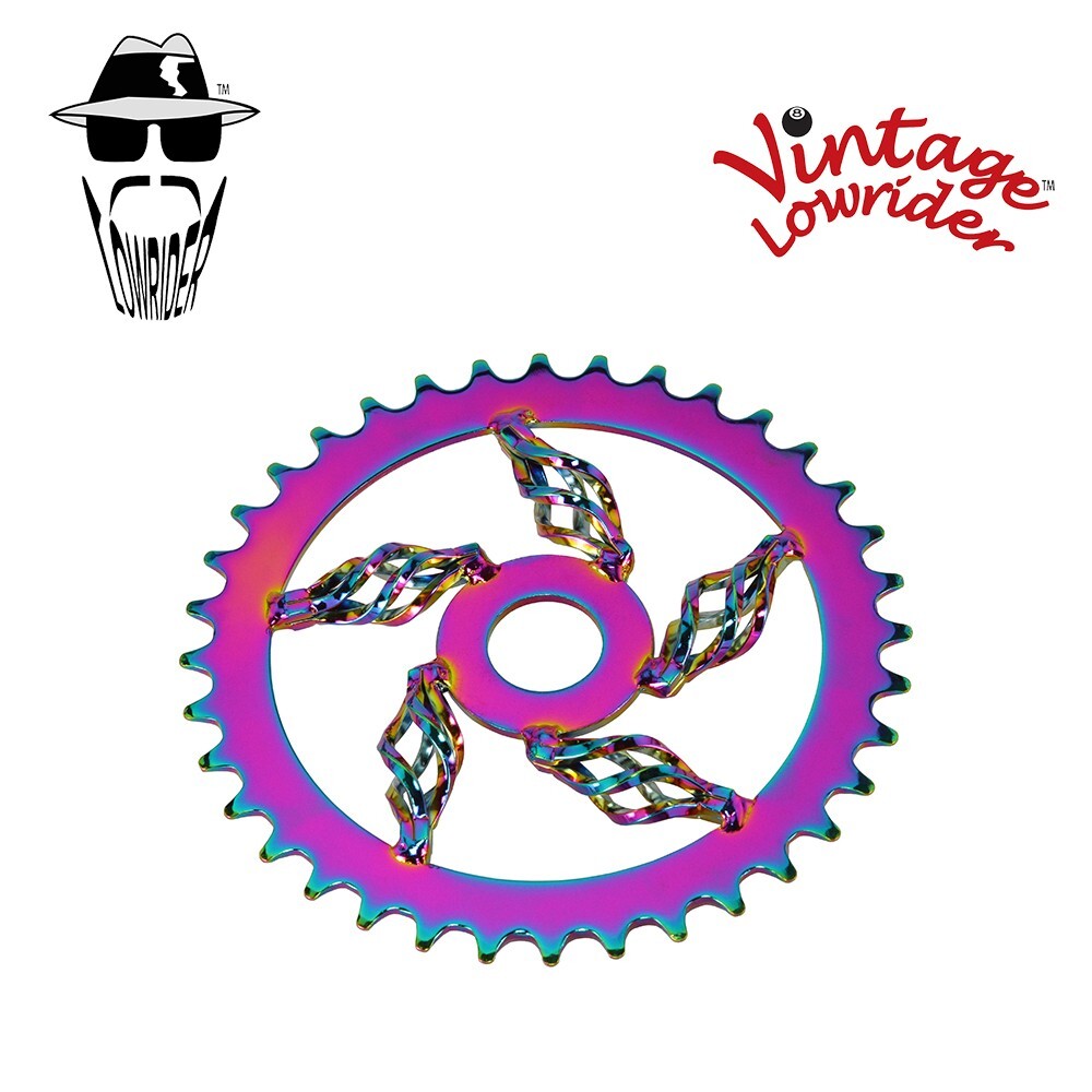 F&R Original Lowrider Bicycle Cage Twisted Sprocket Chainring 36T Oil/Slick Neon
