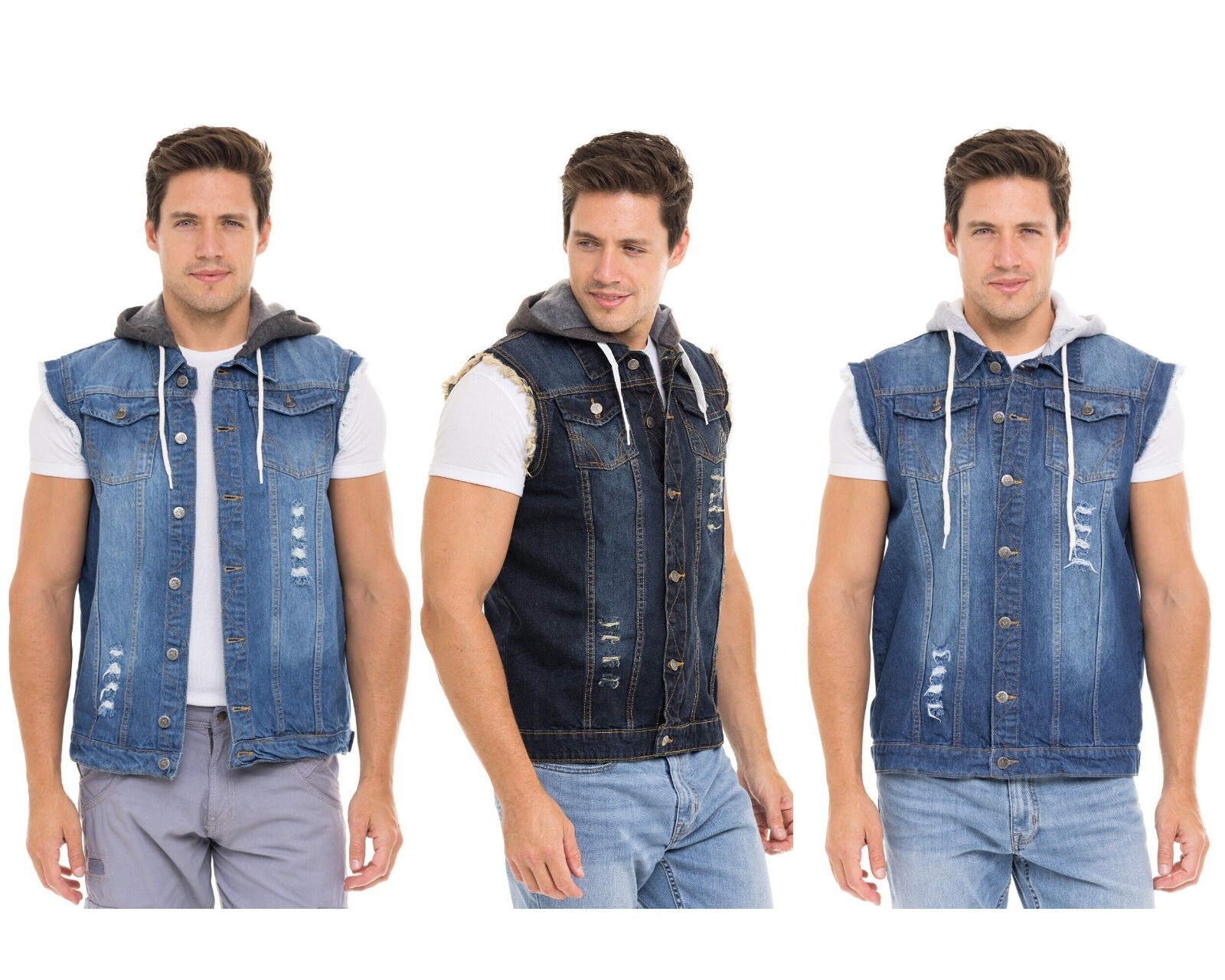Men's Ripped Distressed Hooded Vest Denim Jean Sleeveless Slim Fit Jacket