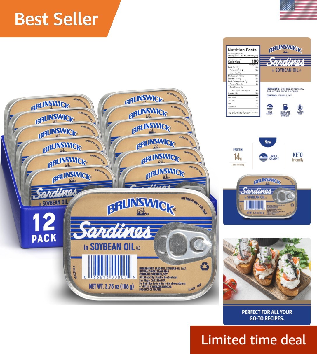 Brunswick Sardines in Olive Oil, 3.75 Oz Can (Pack of 12) - Boneless Butterflied