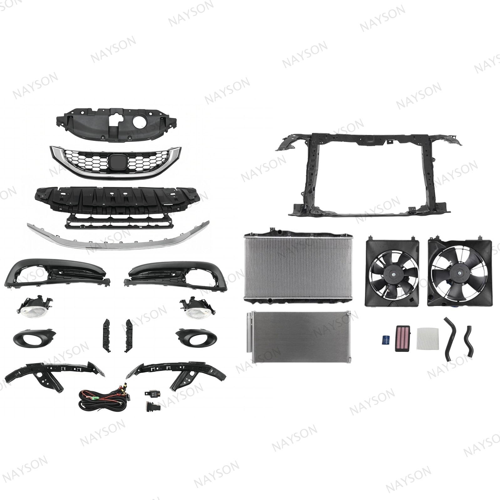 24PC For Civic 4D 2013-15 Front Bumper Grille/Radiator/Support/Condenser/Fog Kit