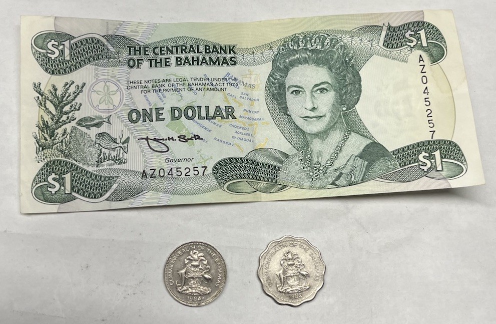 Bahamas 1 Dollar 1974 PLUS A Bahamas 5 Cent And 10 Cent Coin. 1 Bill And 2 Coins