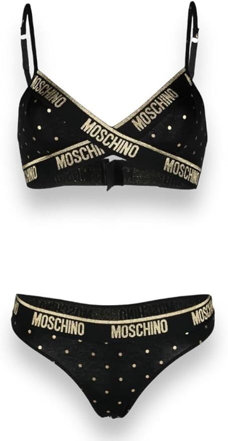 Moschino Lingerie Set Black Bra & Thong Gold Logo Tape Size 2 UK 10 Designer