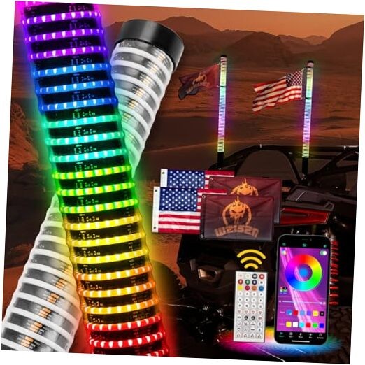 2PCS Fat COB Whip Light w/Brake Turn Reverse Light, 2" Fat RGB Spiral 3FT