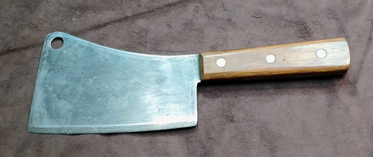 Vtg Very Nice Well Balanced 5.5" Carbon Steel Cleaver, W/ Wood Scales, Unbranded