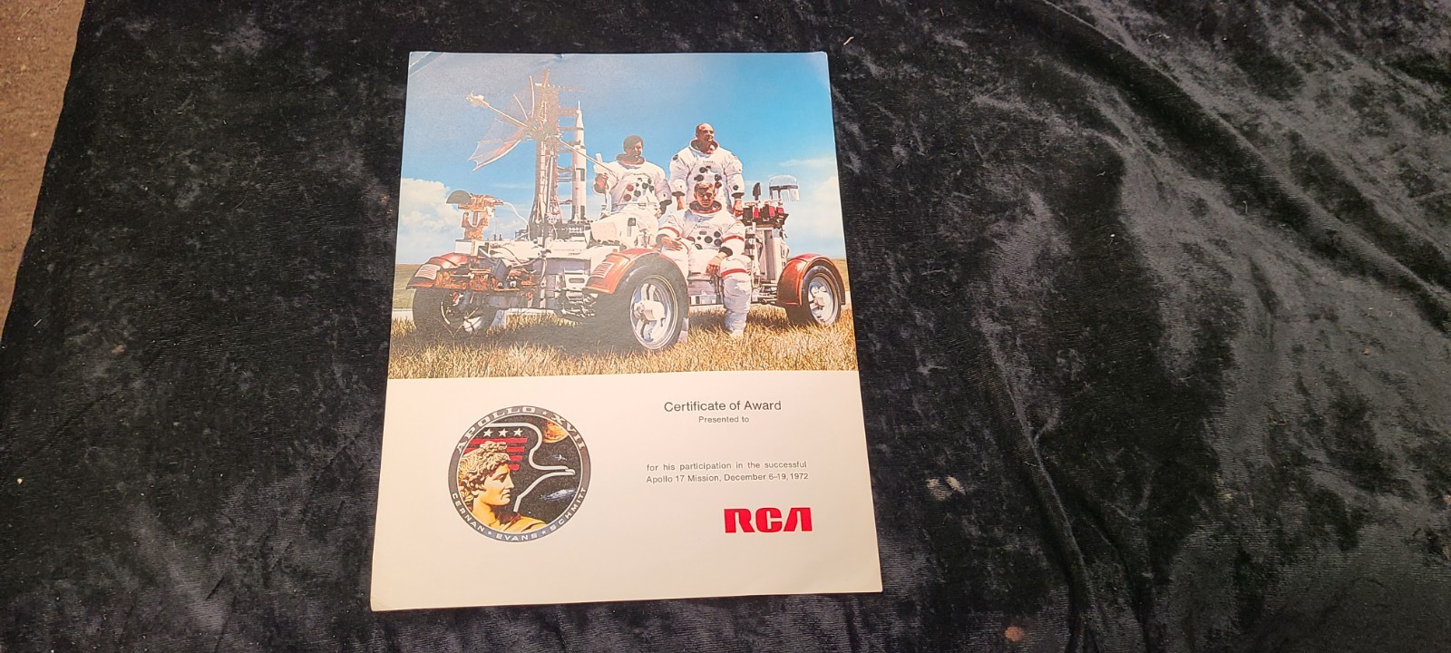 RCA Apollo 17 XVII Certificate of Award For Participation in the Mission 1972