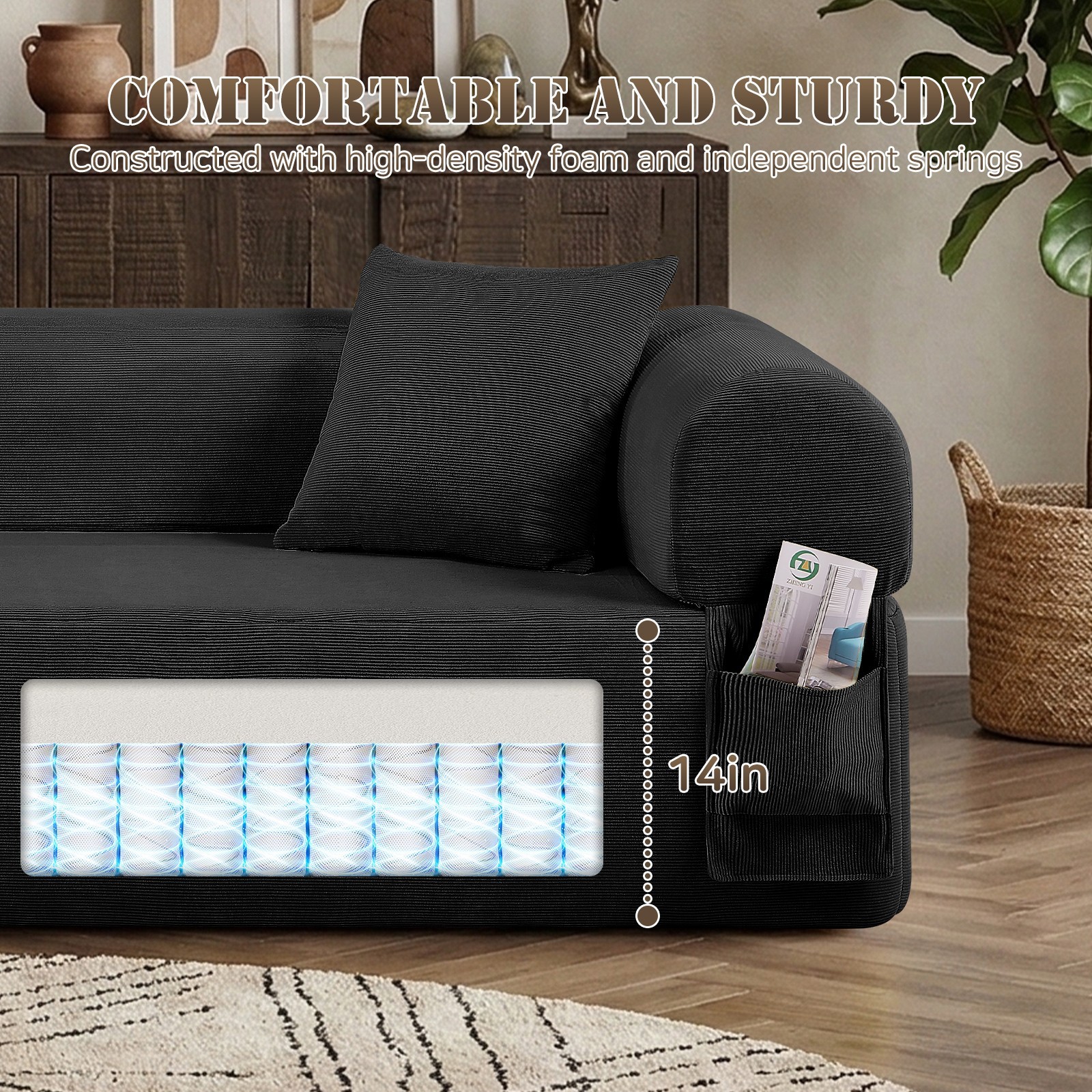 2-in-1 Convertible Sofa Bed,Corduroy Cloud Floor Boneless Couch for Living Room