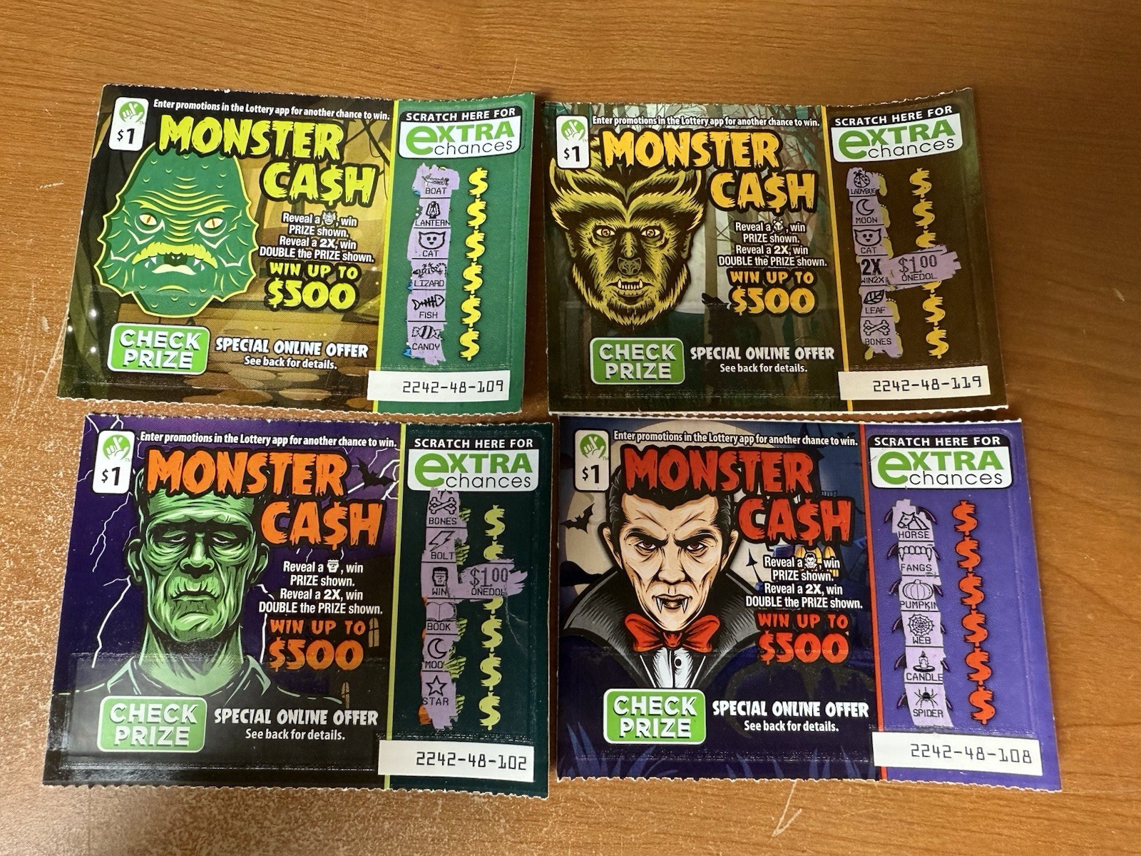 4 Used Universal Monsters Cash One Dollar Buy Price Virginia VA Lottery Tickets