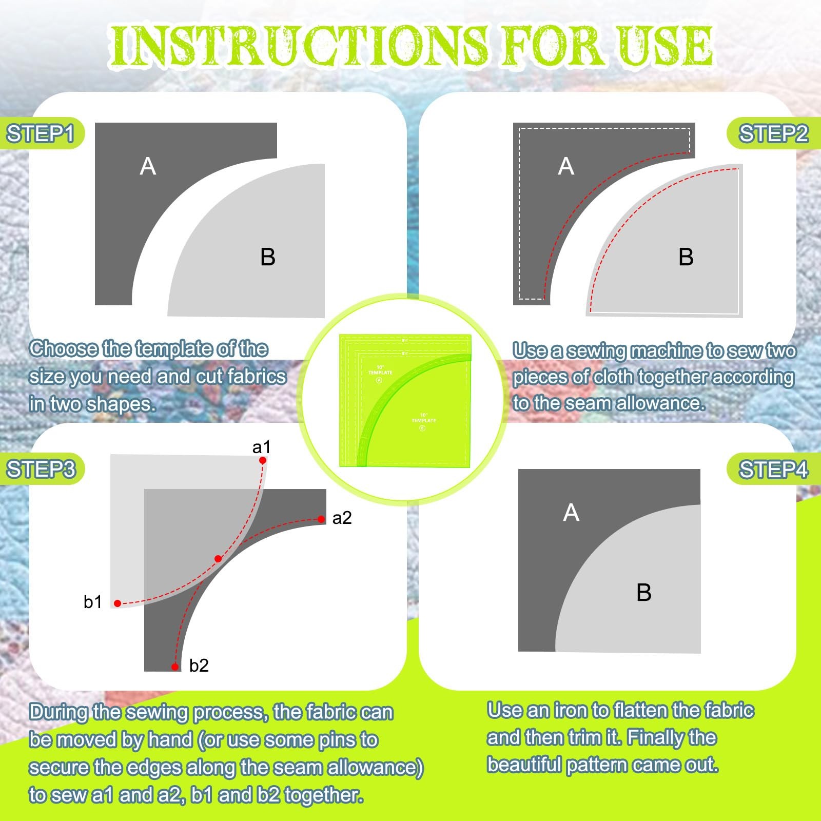 3 PCS Drunkards Path Quilting Template Ruler Set Green 10/7/4 Inch