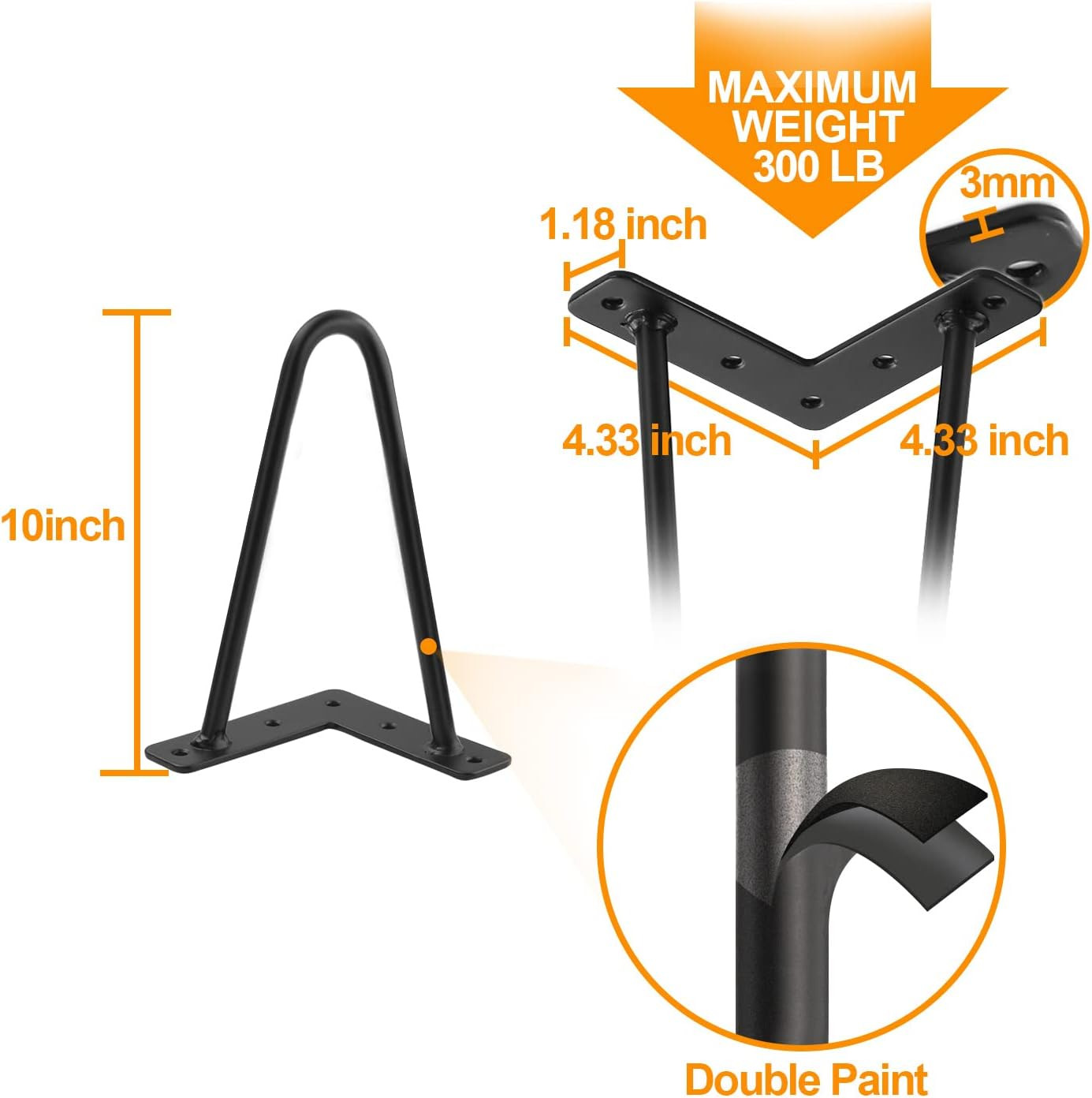 10 Inch Hairpin Legs for Furniture Set of 4, Heavy Duty Industrial Metal Table L