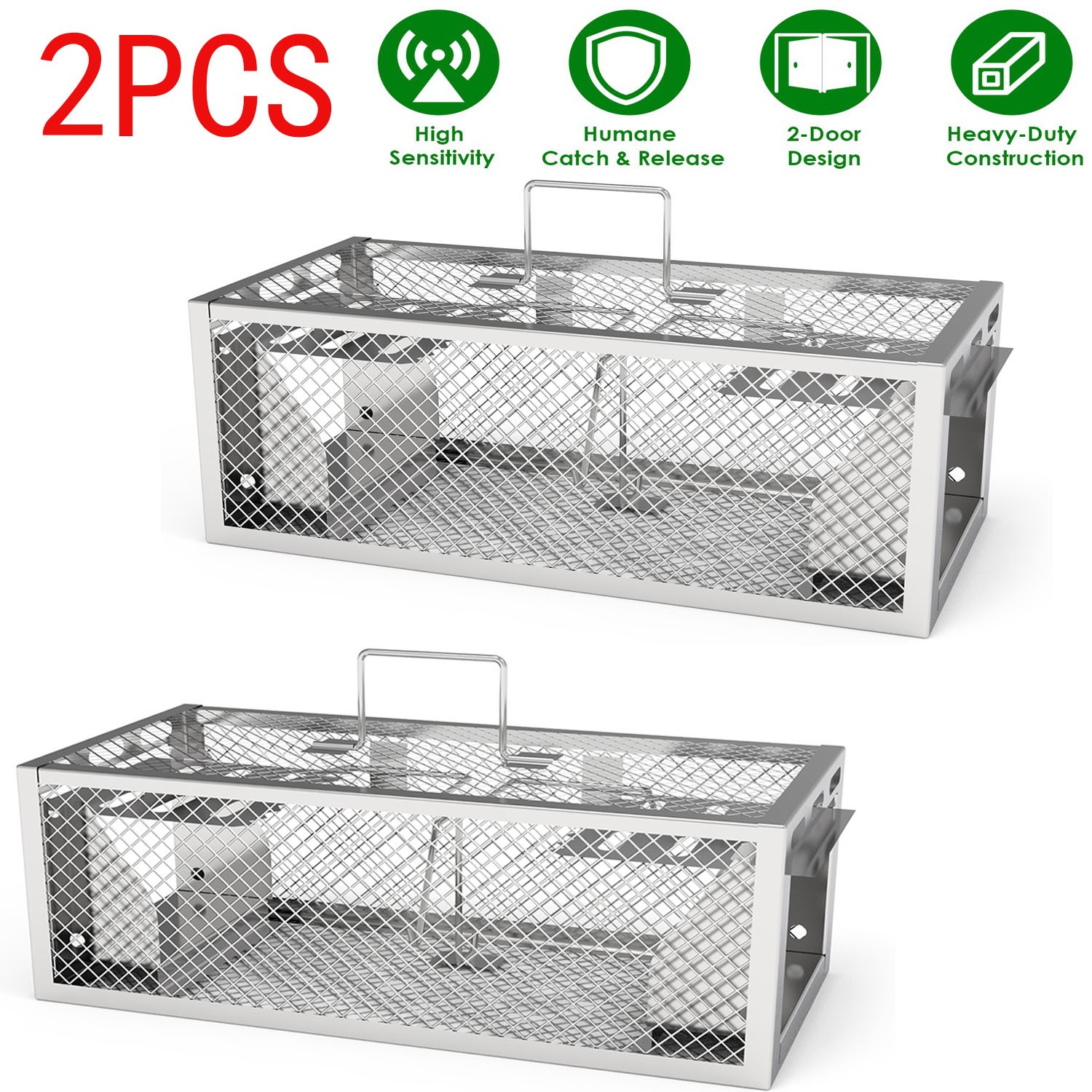 2Pcs 2-Door Humane Rat Trap  Mouse Trap Garden Iron Animal Cage Bait Catch Cage