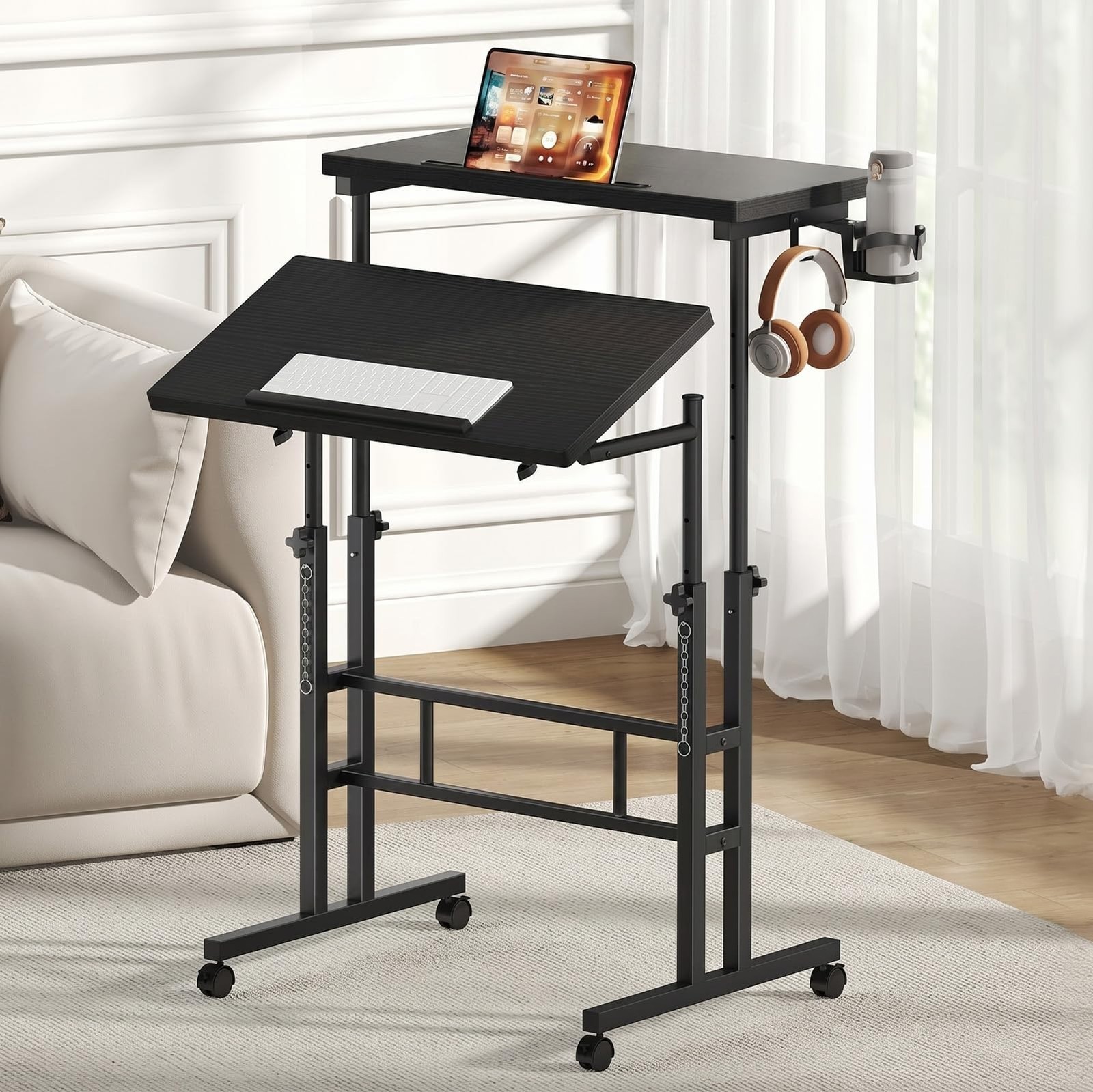 Dual Desktop Height Adjust Rolling Desk w/Cup Holder&Hook,Stand Computer Table