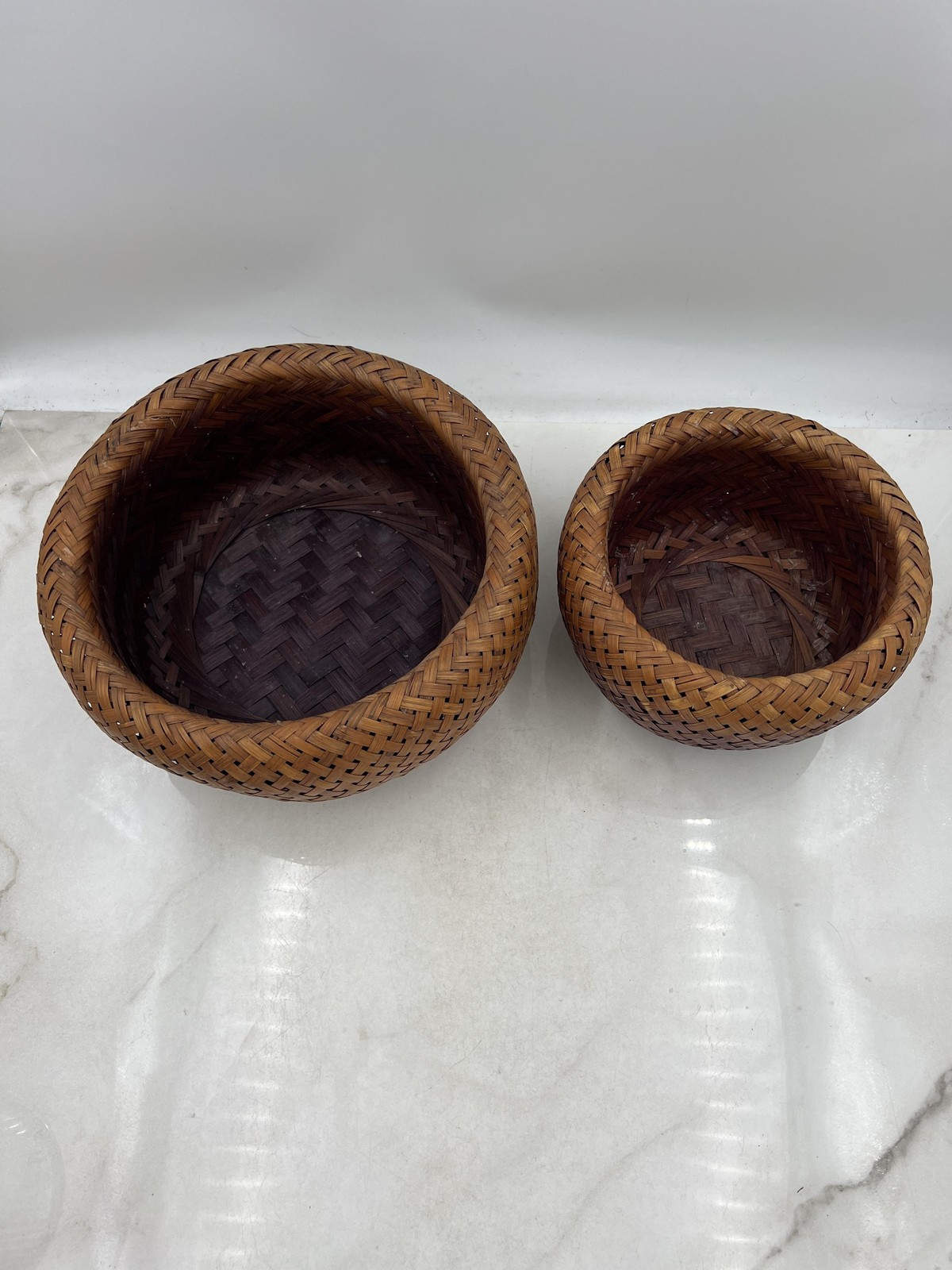 Handwoven Rattan Bamboo Wicker Basket Bowl Set Pair Nesting Boho Decor Round