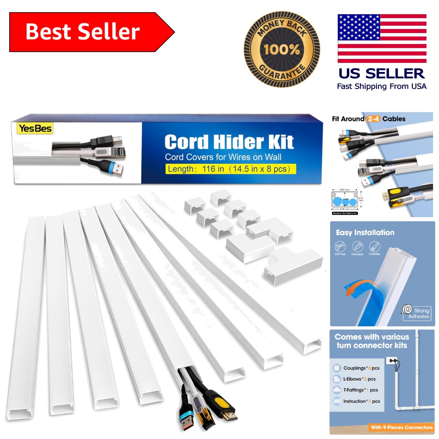 116in Cord Hider Kit - Paintable, Self-Adhesive Cable Covers for Home Elegance