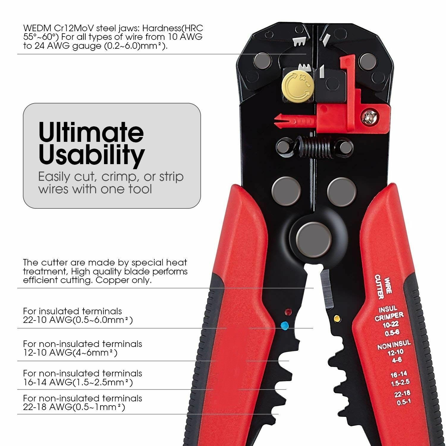 Self Adjusting Automatic Wire Stripper Cutter Crimper Cable Stripping Tool 8"