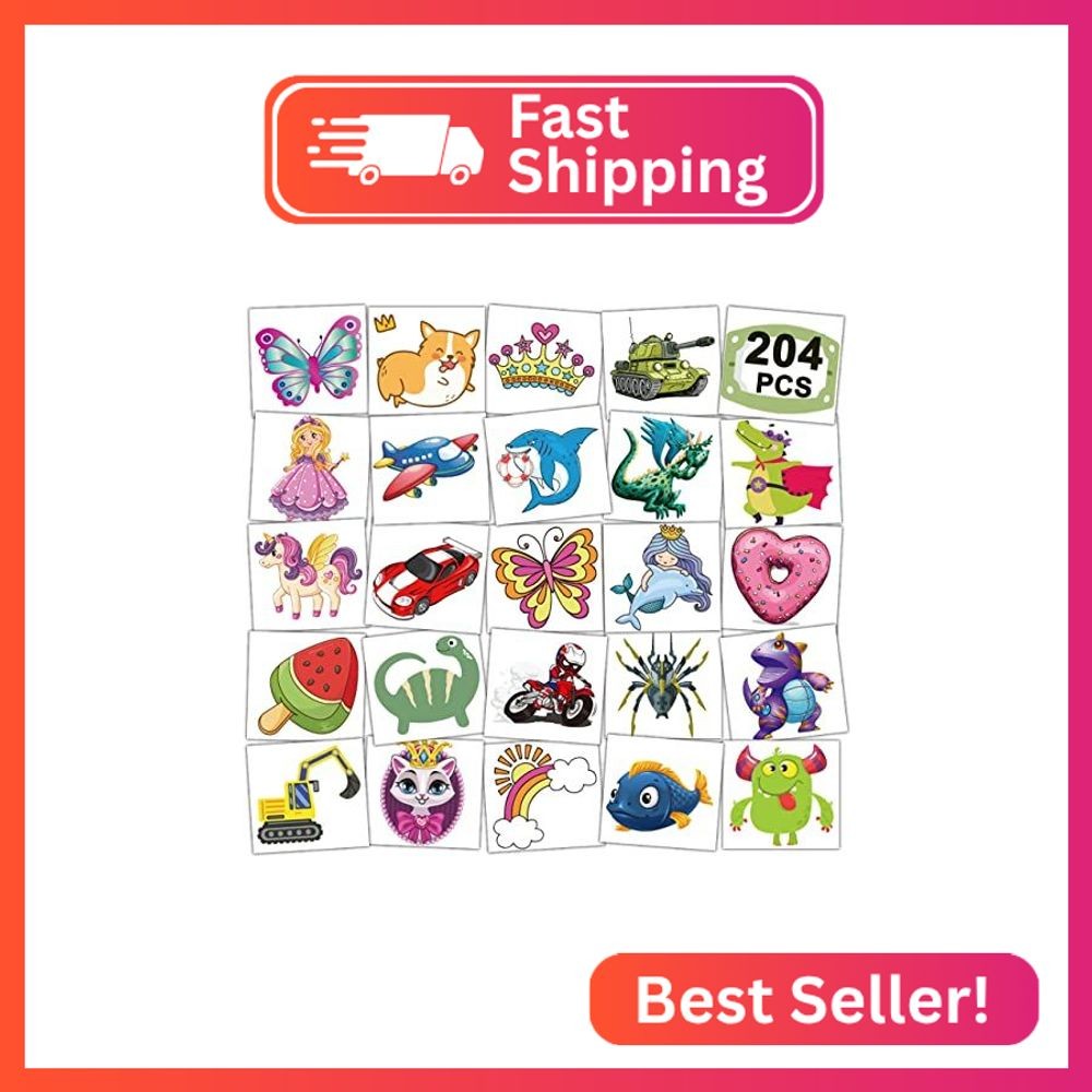 CHARLENT 204 PCS Individually Wrapped Temporary Tattoos for Kids - Fun Tattoos f