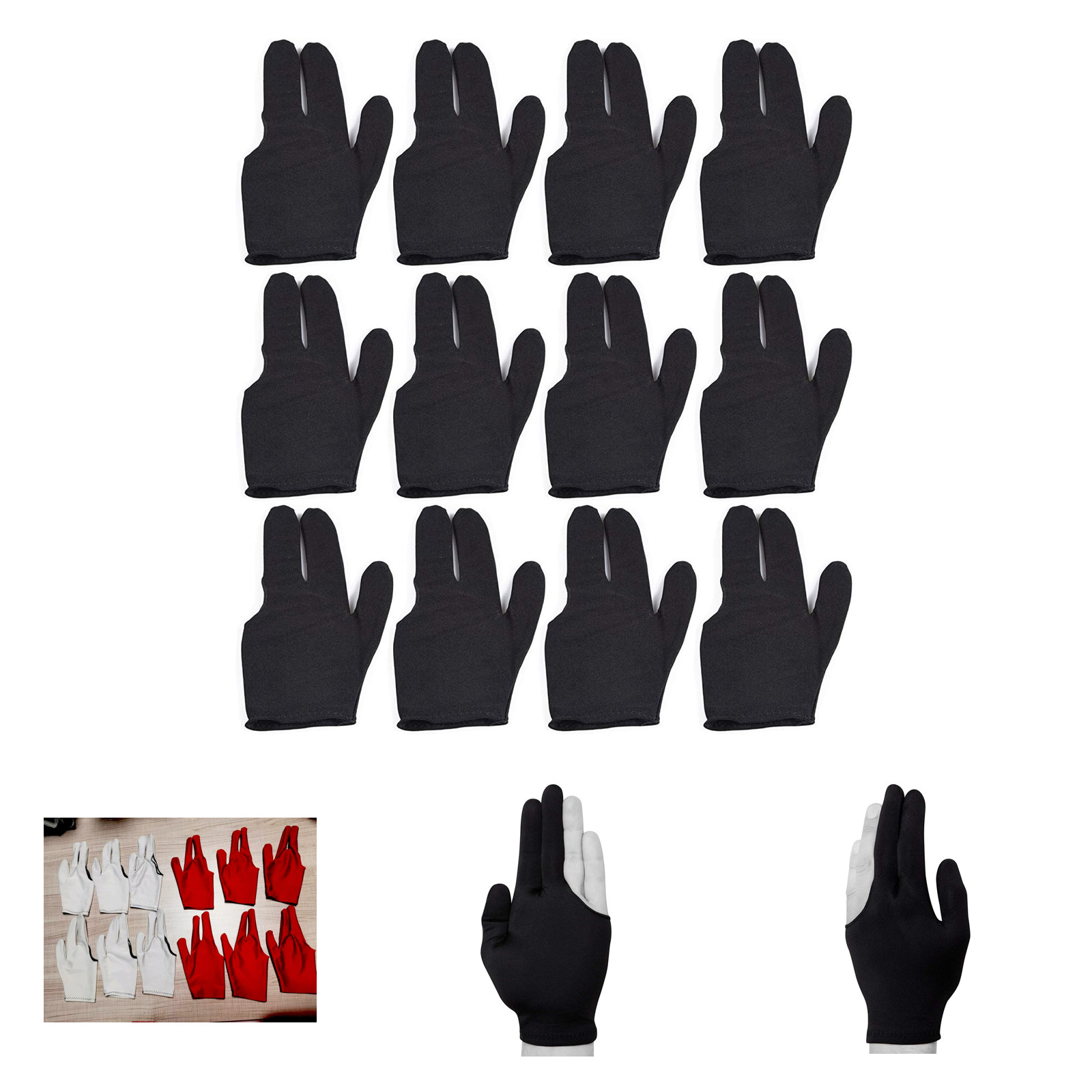 Billiard Gloves Set 12 Pcs Elastic Breathable 3 Finger for Left Right Hand Black