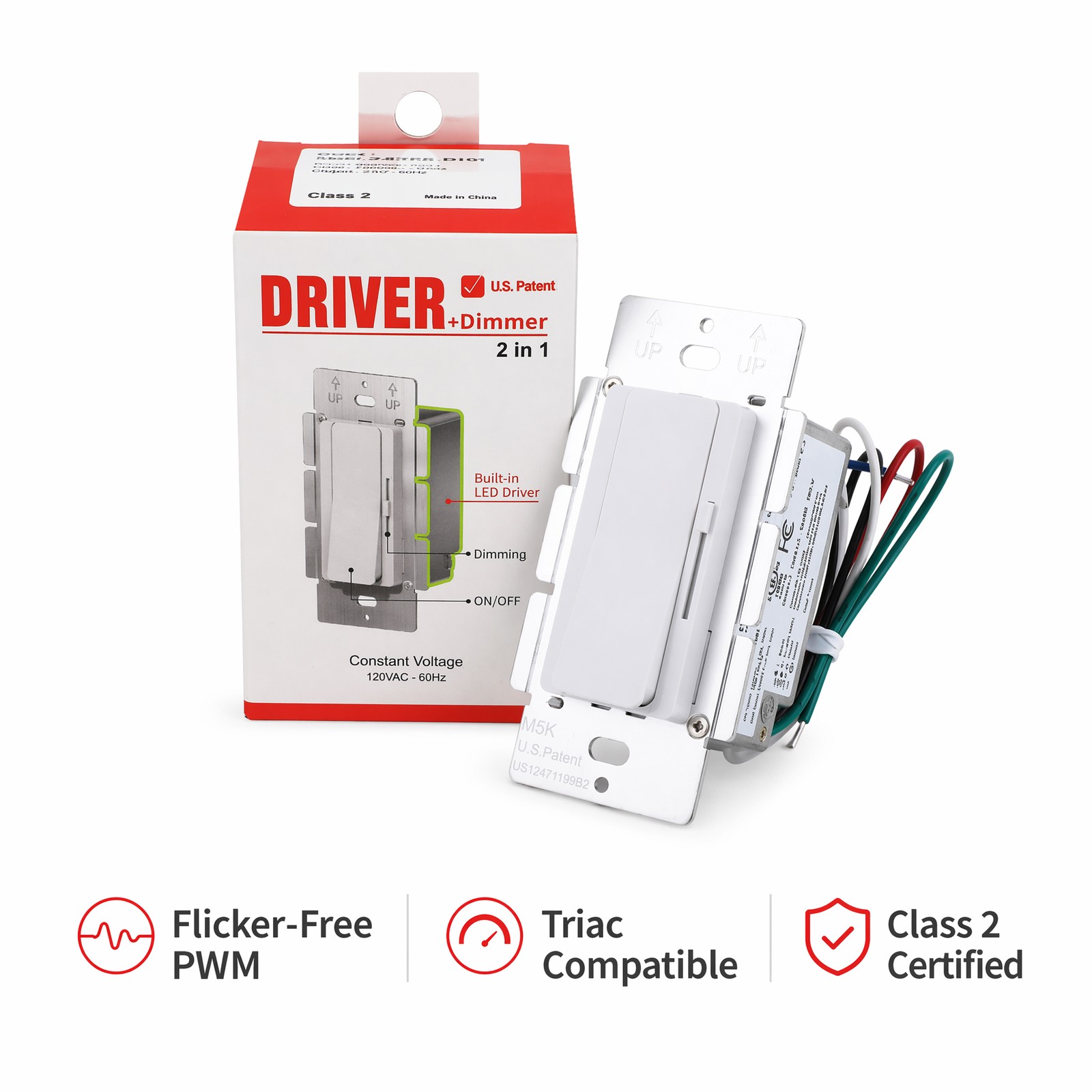 UL Listed Dimmable LED Driver Switch 2 in1, AC120V to DC12V/24V for Led Lights