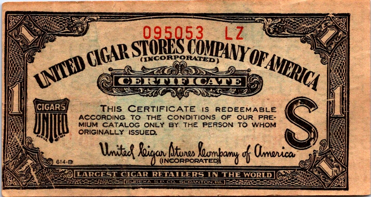 Vintage 1 Certificate United Cigar Stores Company of America Coupon