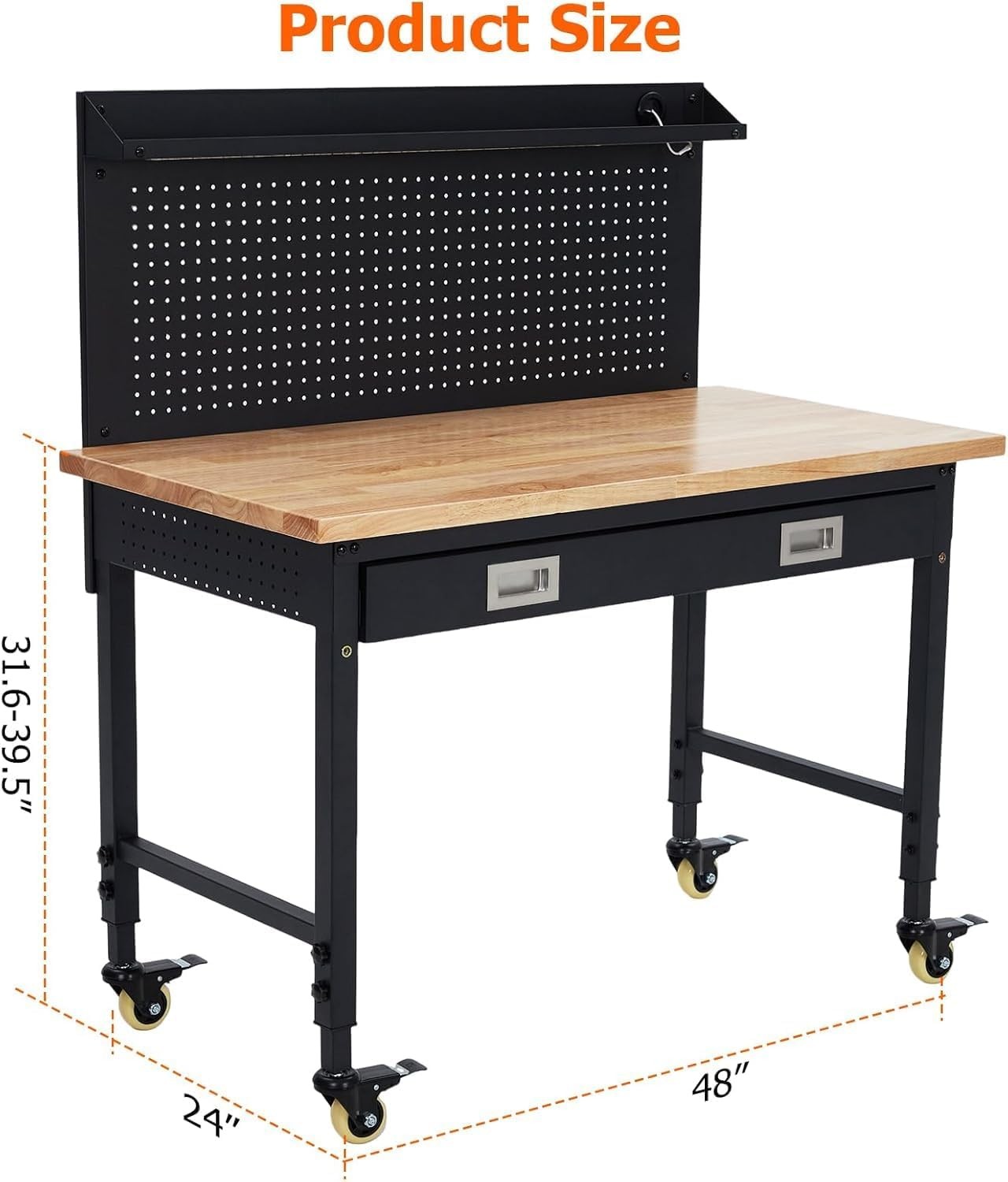 Workbench Adjustable Height 48" x 24" Worktable Heavy Duty Rubber Wood Top
