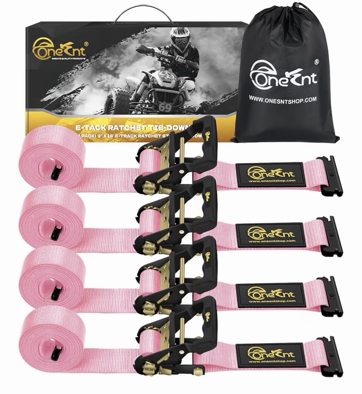 Onesnt 4Pcs 2”x18 FT E Track Ratchet tie Down Straps for 4800 lbs Break S Pink