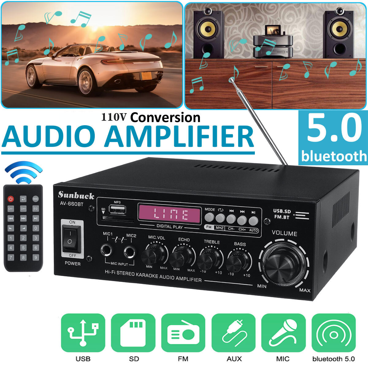 2000W Digital Power Amplifier bluetooth Stereo HiFi Audio USB SD FM Car Home