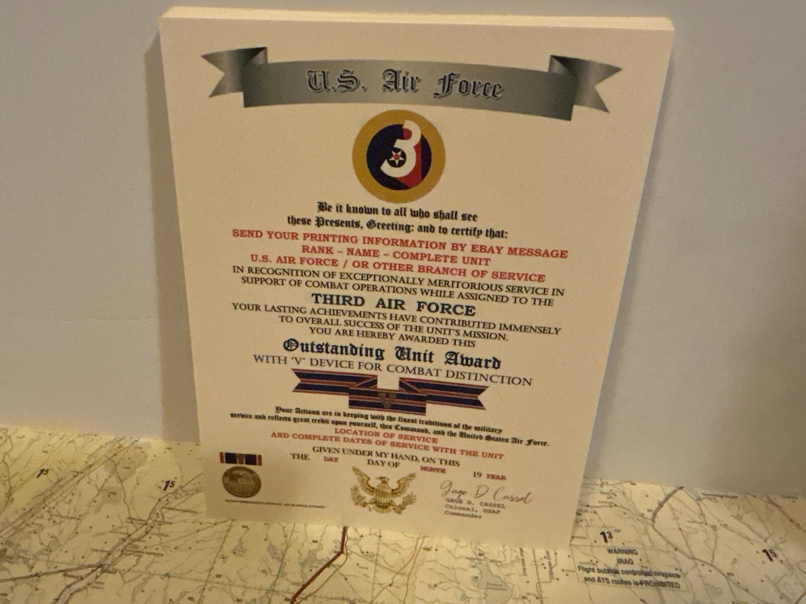 U.S. AIR FORCE / 3RD AIR FORCE - OUTSTANDING UNIT AWARD W/V DEVICE CERTIFICATE
