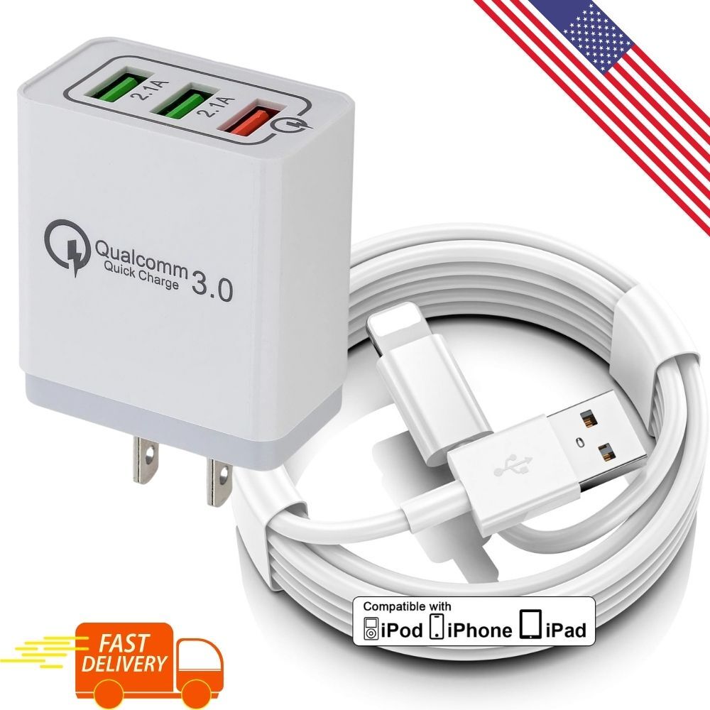 QC 3.0 USB Wall Charger 3 Ports Fast Charging Block Cable for iPhone 14 13 12 11